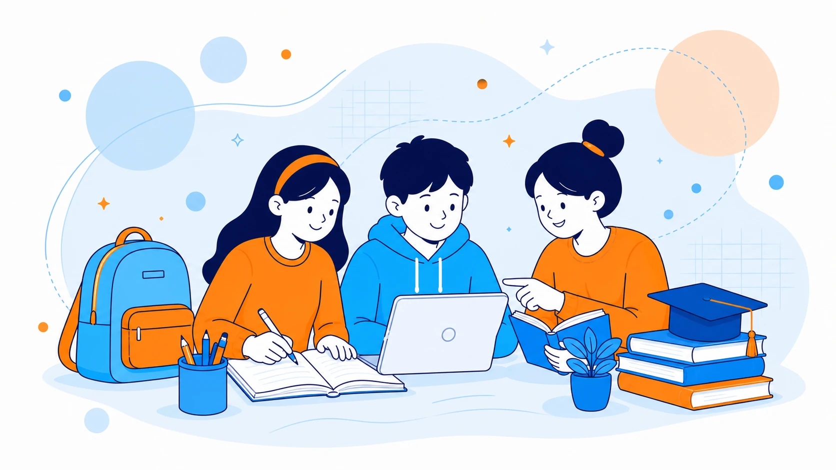 Ba học sinh cùng học tập với sách và máy tính