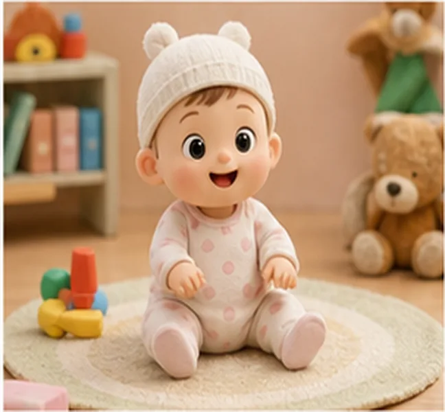 the baby wearing a white hat