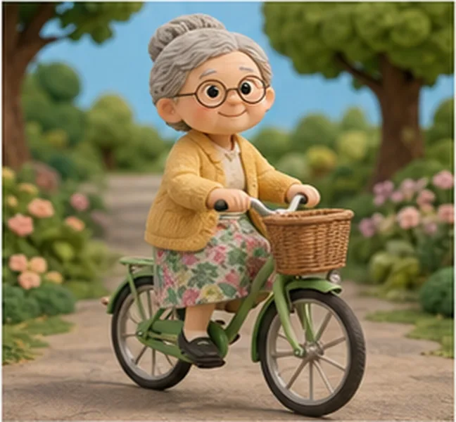 Grandma the woman on a bike
