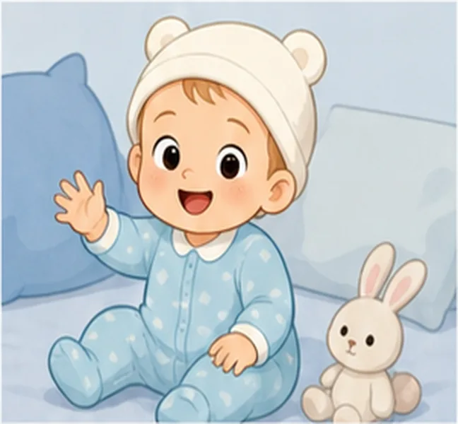 the baby wearing a white hat