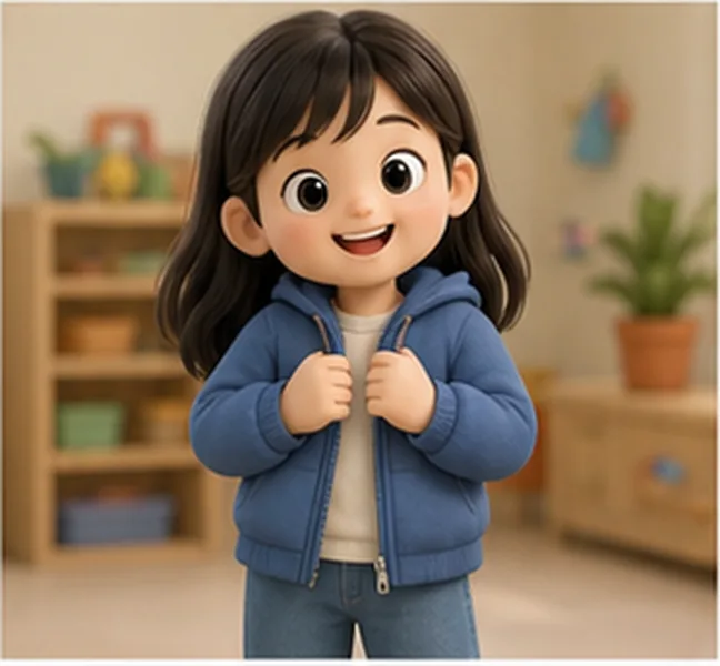 wearing a blue jacket