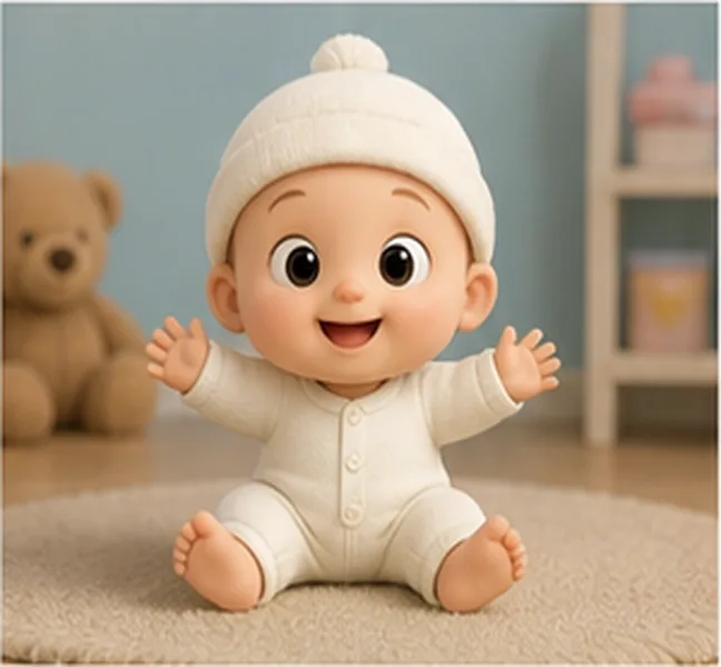 the baby wearing a white hat