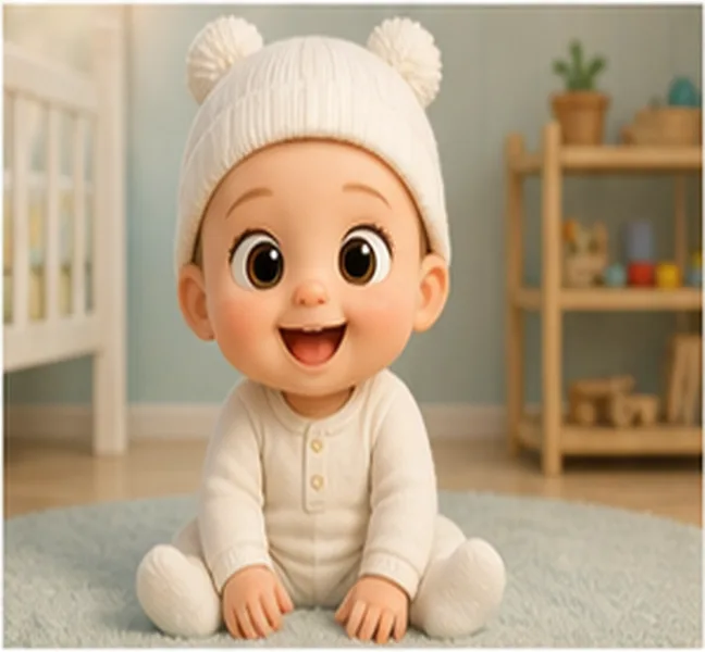 the baby wearing a white hat