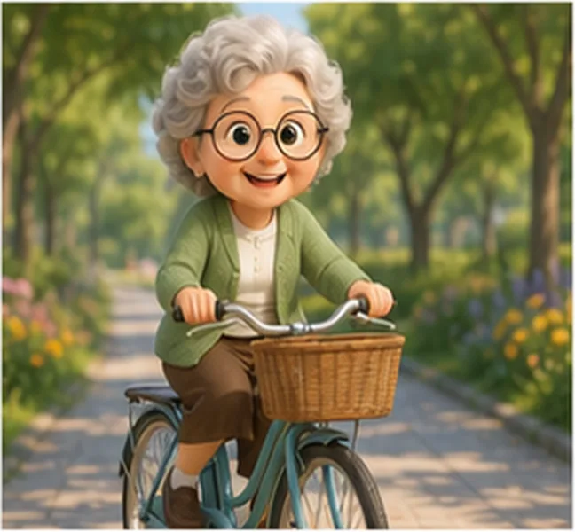 Grandma the woman on a bike
