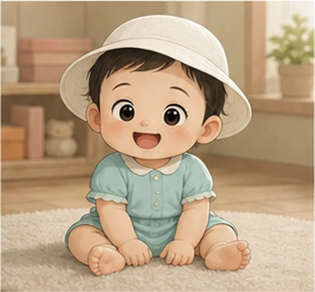 the baby wearing a white hat