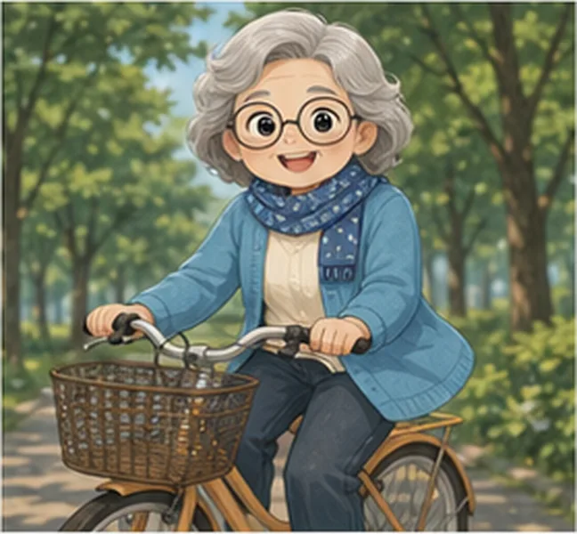 Grandma the woman on a bike