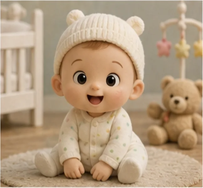 the baby wearing a white hat