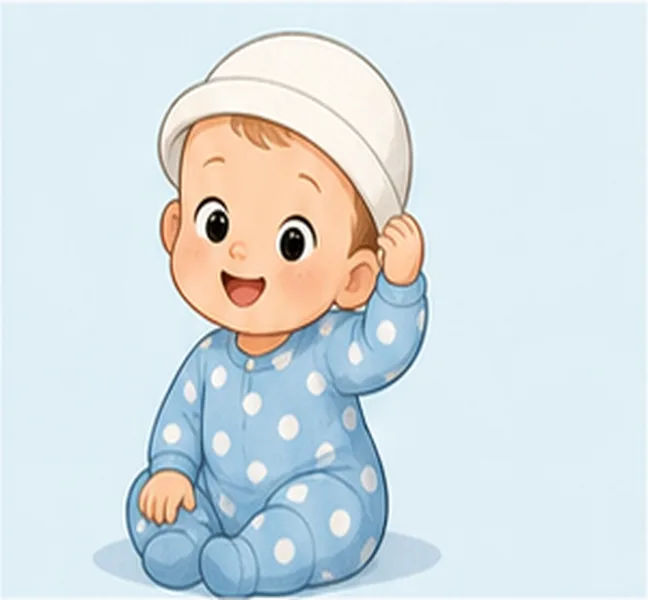 the baby wearing a white hat