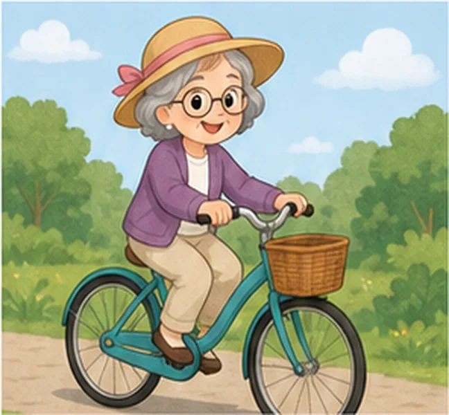Grandma the woman on a bike