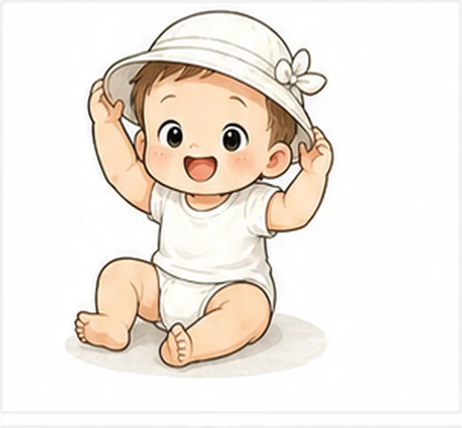 the baby wearing a white hat