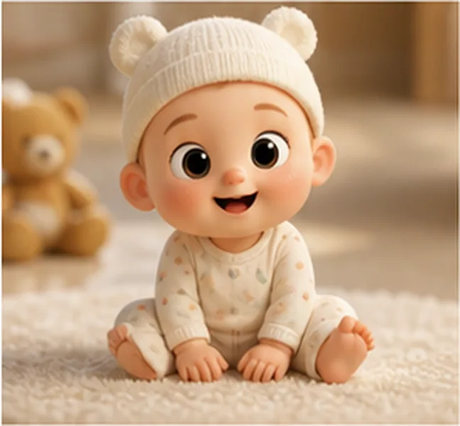 the baby wearing a white hat