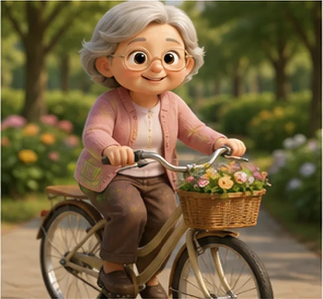 Grandma the woman on a bike