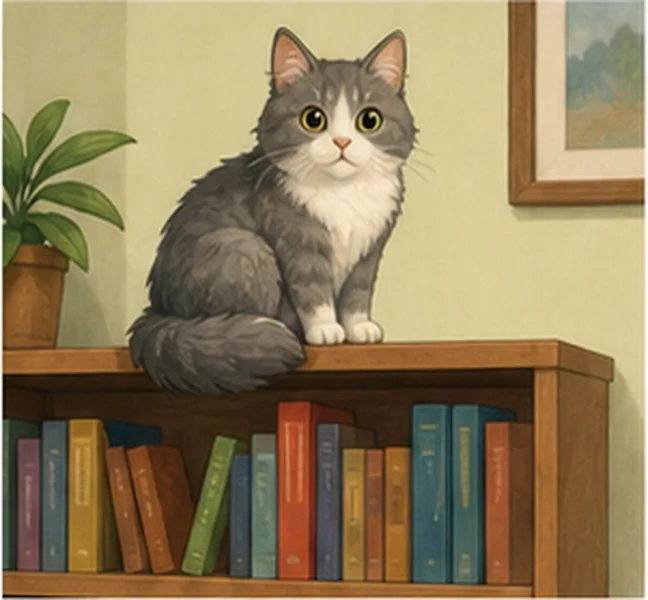 the cat on the bookcase