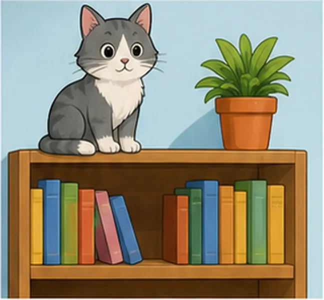 the cat on the bookcase