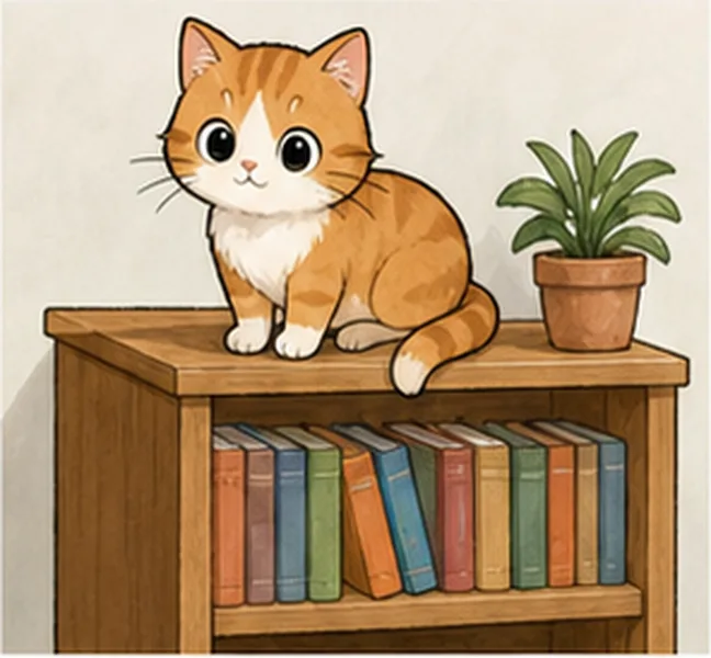 the cat on the bookcase