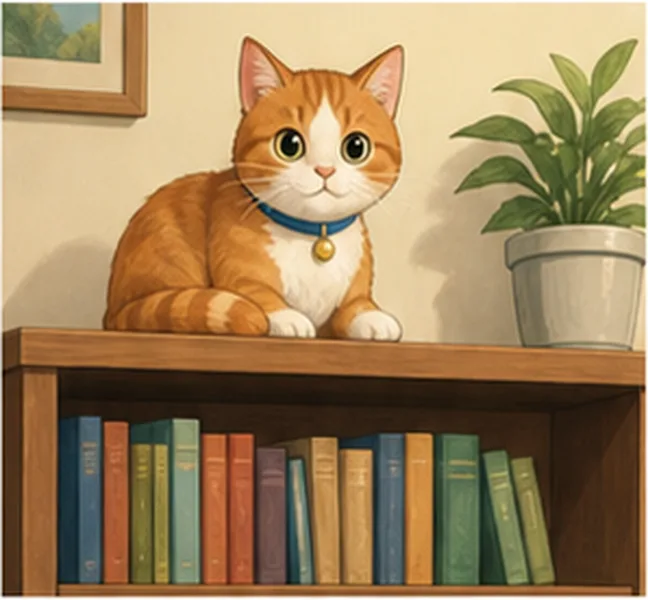 the cat on the bookcase