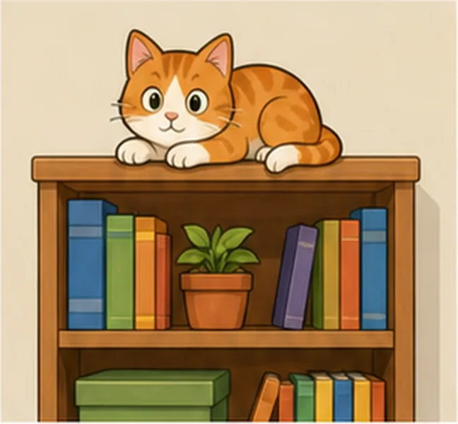 the cat on the bookcase