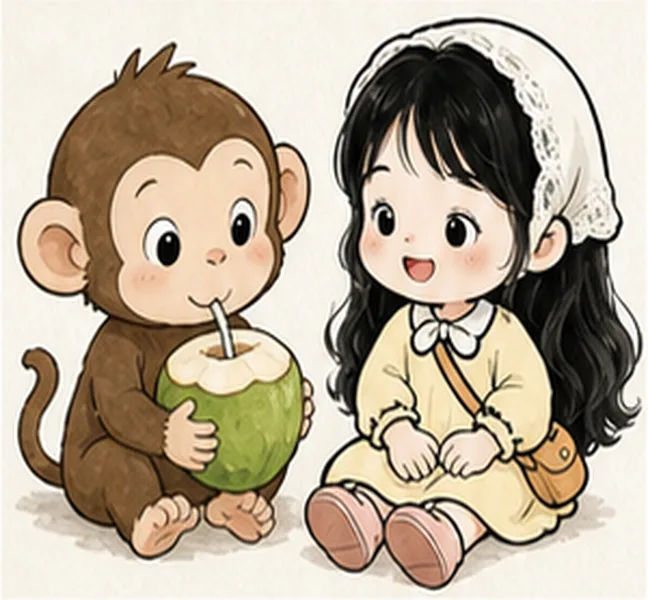 the monkey next to Lucy eating a coconut