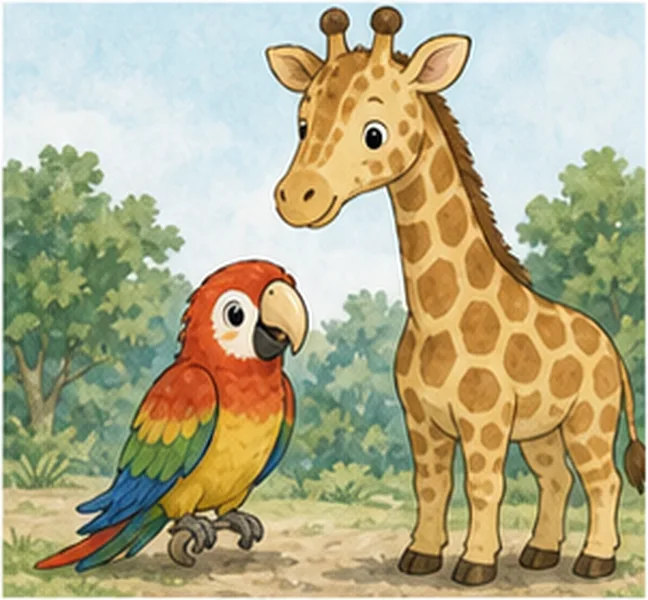 the parrot next to the giraffe