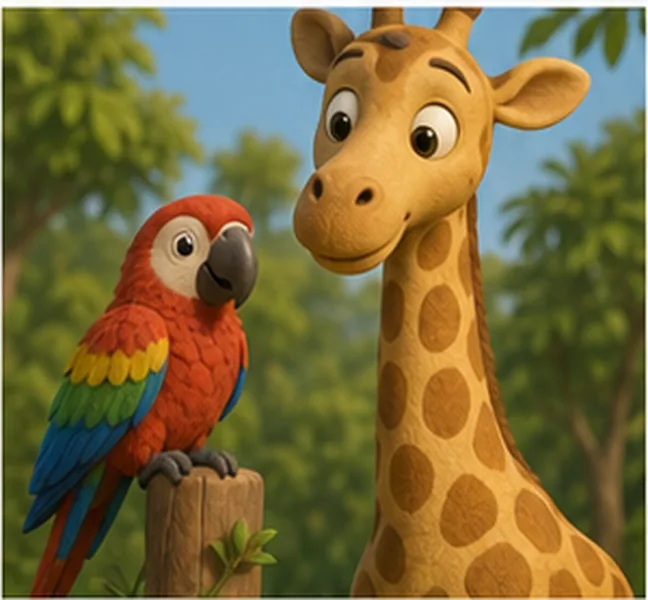 the parrot next to the giraffe