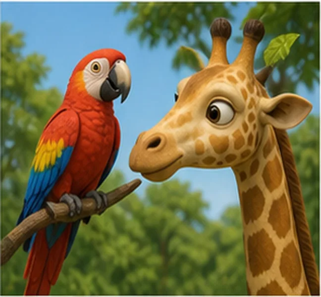 the parrot next to the giraffe