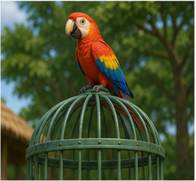 the parrot on the cage