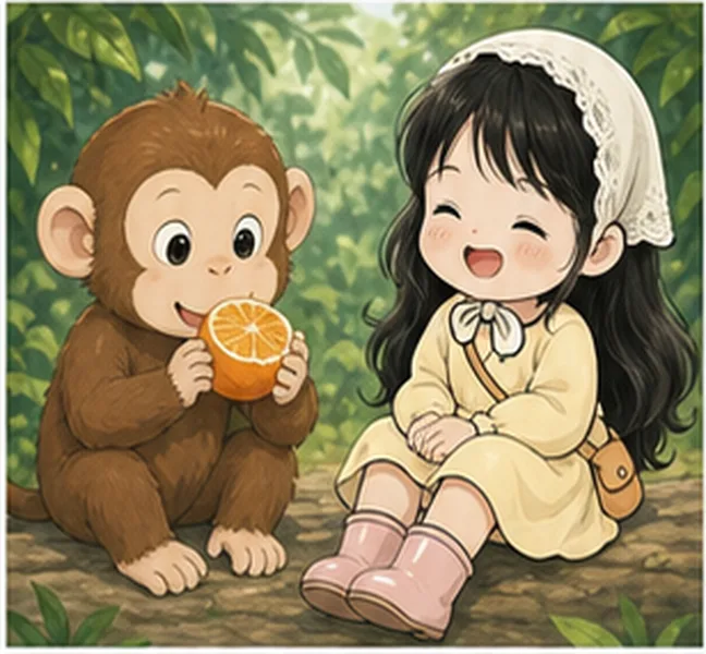 the monkey next to Sue eating an orange