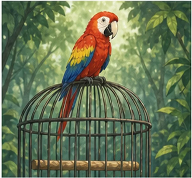 the parrot on the cage