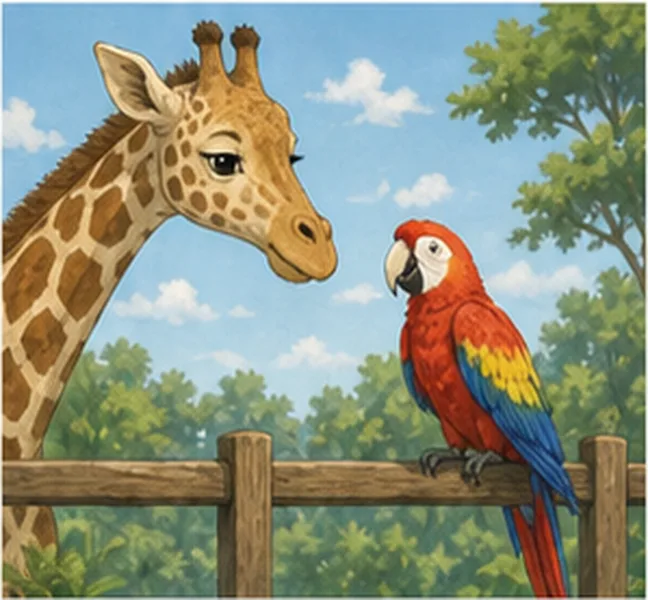 the parrot next to the giraffe