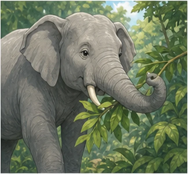 the elephant eating leaves