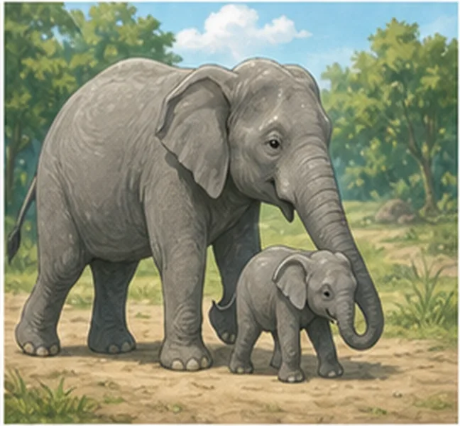 the elephant walking with its baby