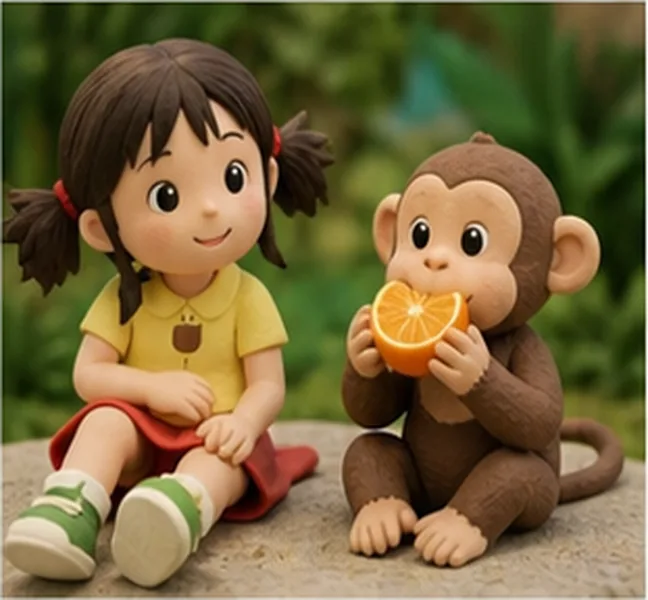 the monkey next to Emma eating an orange