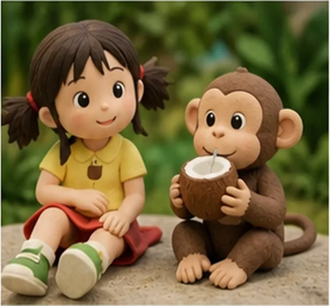 the monkey next to Emma eating a coconut