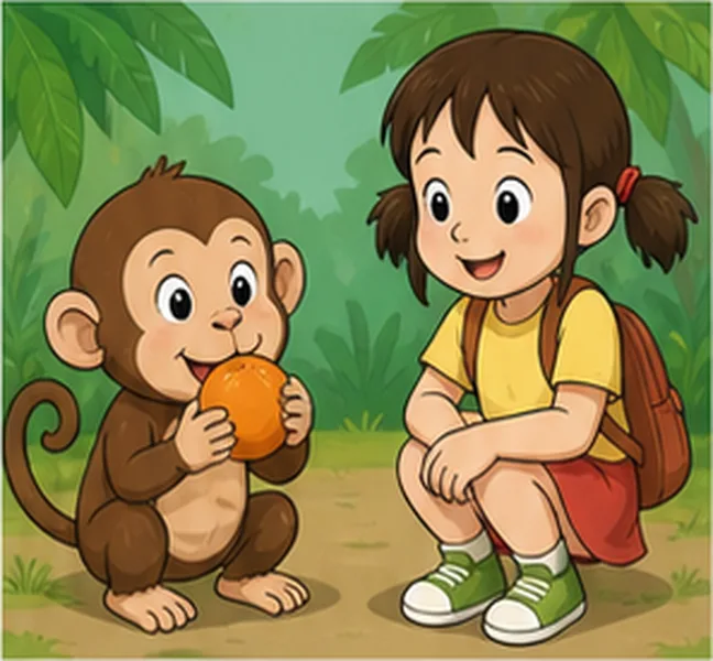 the monkey next to Sally eating an orange
