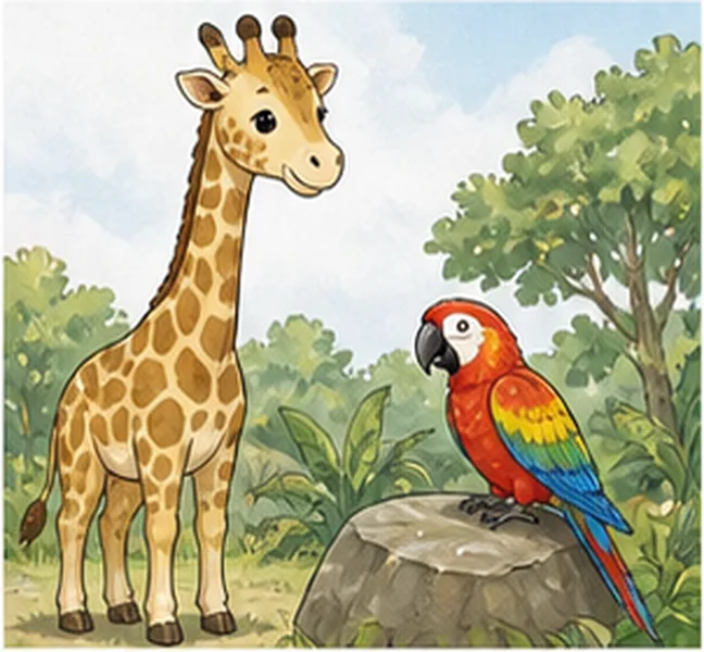 the parrot next to the giraffe