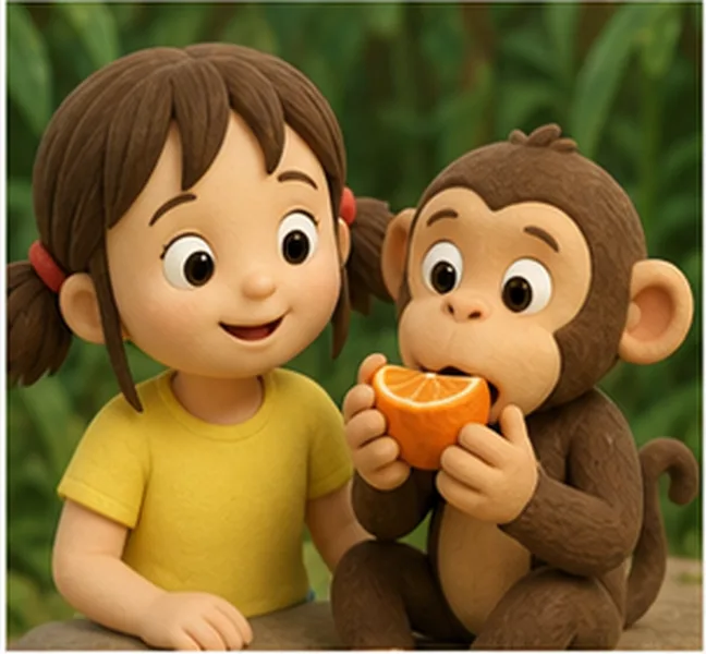 the monkey next to Jill eating an orange