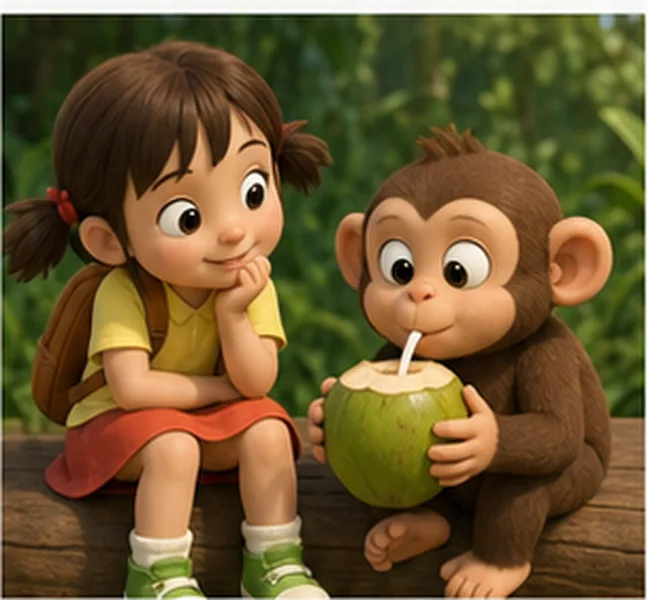 the monkey next to Lily eating a coconut