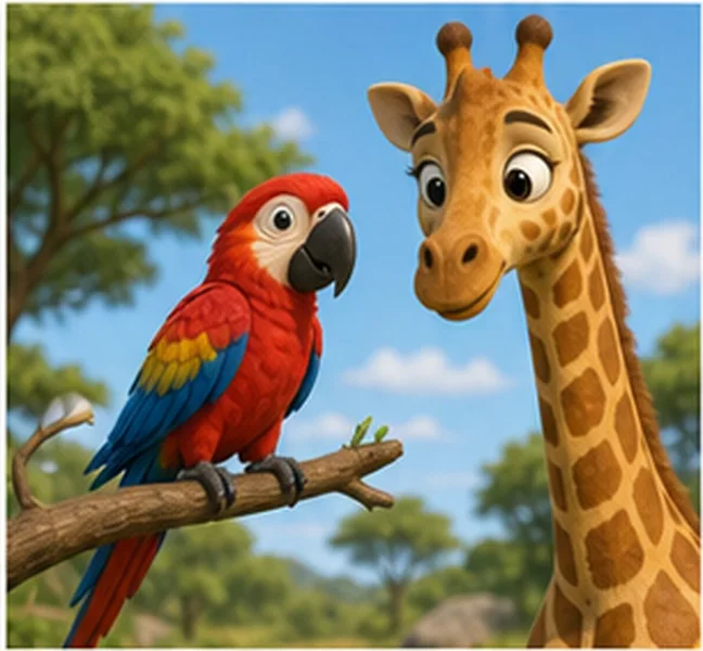 the parrot next to the giraffe