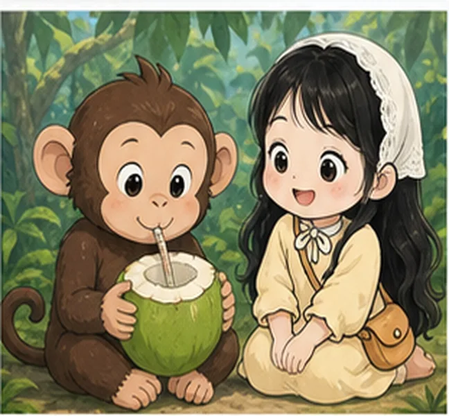 the monkey next to Kim eating a coconut