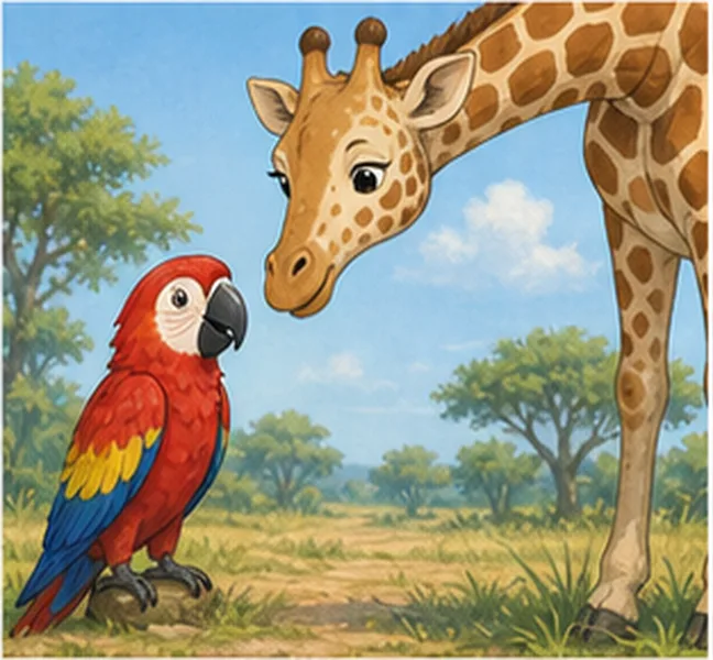 the parrot next to the giraffe