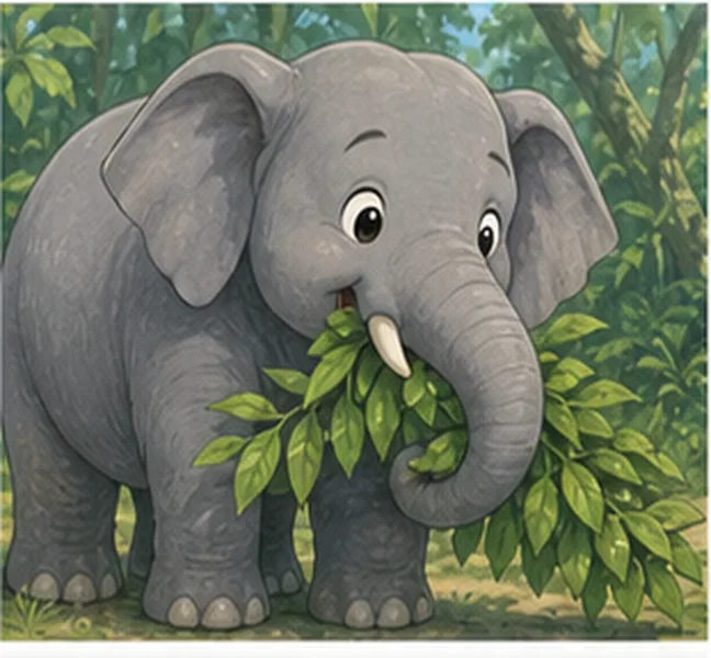 the elephant eating leaves