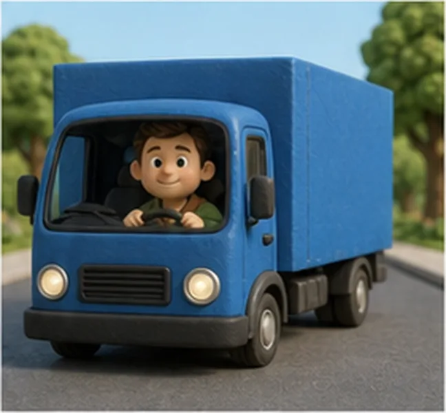 Dad driving a blue lorry