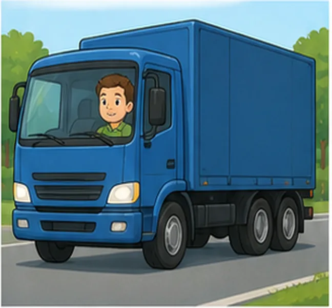 Dad driving a blue lorry