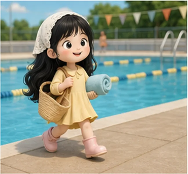 Lucy going to the swimming pool