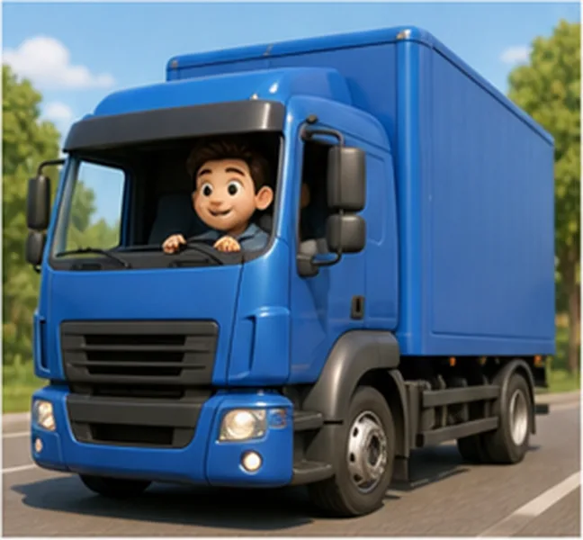 Dad driving a blue lorry