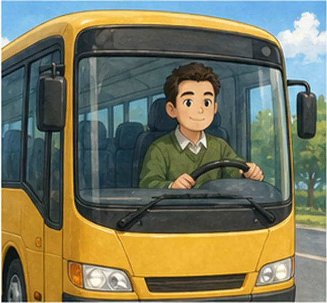Dad driving a yellow bus