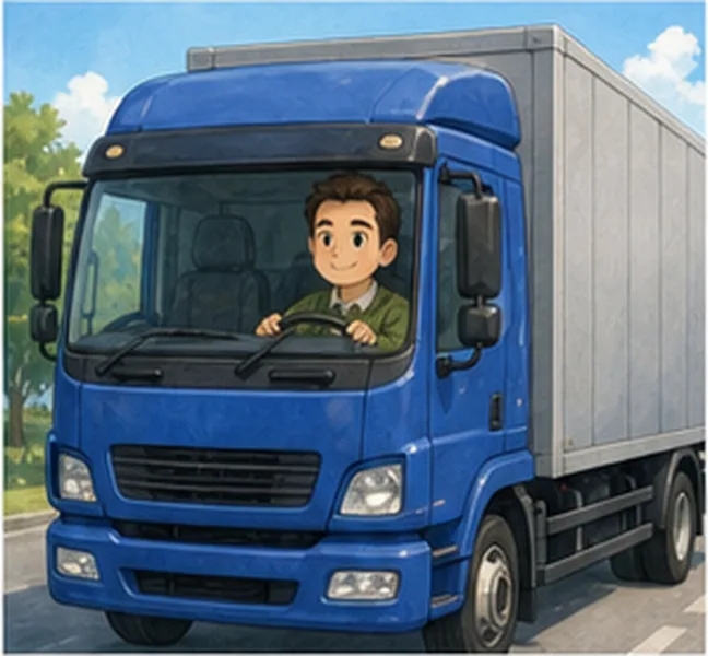 Dad driving a blue lorry