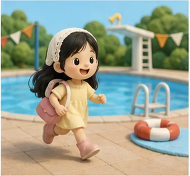 Sue going to the swimming pool