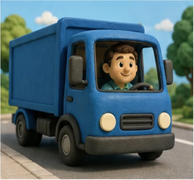 Dad driving a blue lorry