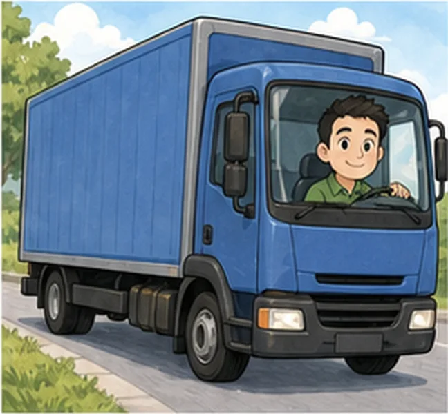 Dad driving a blue lorry
